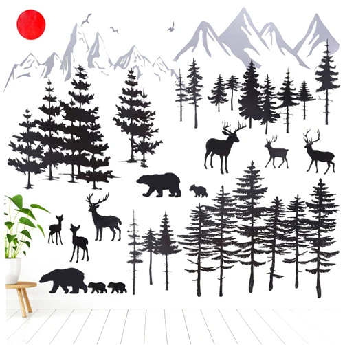 Outus 3 Sheets Mountain Forest Bear Wall Decals Stickers Pine Tree Wall Decals Woodland Trees Wall Stickers Deer Forest Decals for Kids Nursery Bedroom Living Room Decor, 11.8 x 35.4 Inches (Deer)