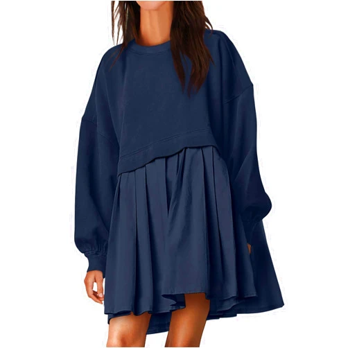 ANRABESS Women Oversized Sweatshirts Hoodie Long Sleeve Crewneck Patchwork Pleated Pullover Mini Dress Fall Outfits 2024