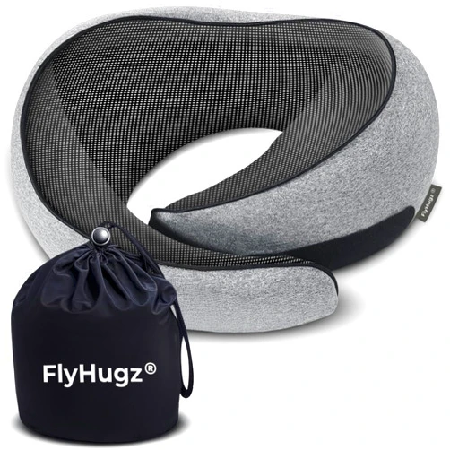 FlyHugz® Neck Travel Pillow | Memory Foam Neck Pillow for Comfort on Airplane | Compact and Ergonomic Design for Travel, Car Rides, and Home Use | Ideal for Adults and Kids