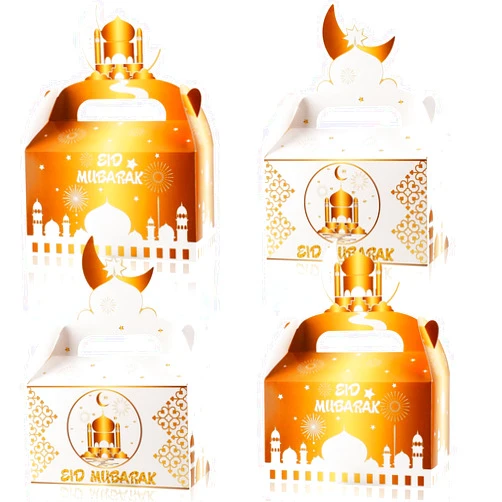 DPKOW 12pcs Eid Mubarak Treat Gifts Boxes, White Gold DIY Boxes for Ramadan Eid Party Favor Boxes, Gable Goodie Candy Boxes for Muslim Eid al-Fitr Present Supplies Islamic New Year Gifts Boxes