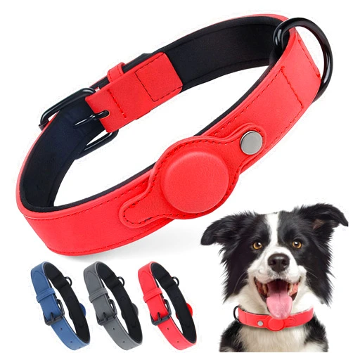 PetiFine AirTag Dog Collar, Leather Dog Collar with Airtag Holder,Soft Padded Apple Air Tag Dog Collar with Adjustable Rust-proof Metal Buckle for Small Medium Large Dogs(L,Red)