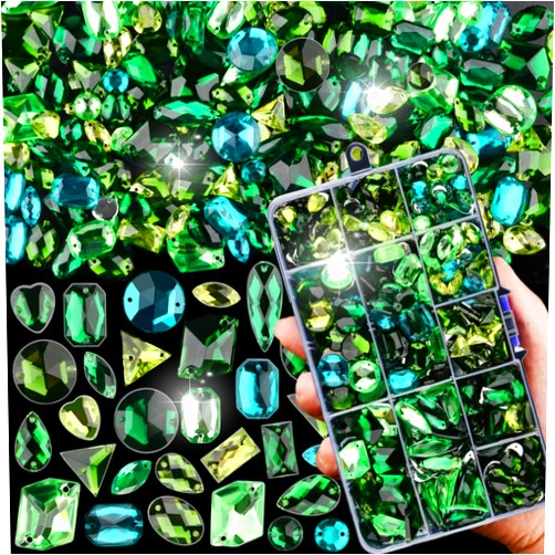 Sinyanail 650 Pcs Acrylic Large Sew on Rhinestones Setting Crystal Gems Diamond Stone 2 Holes Flatback Rhinestones for Jewelry Clothes Shoes Bag Costume(Green Colour System)