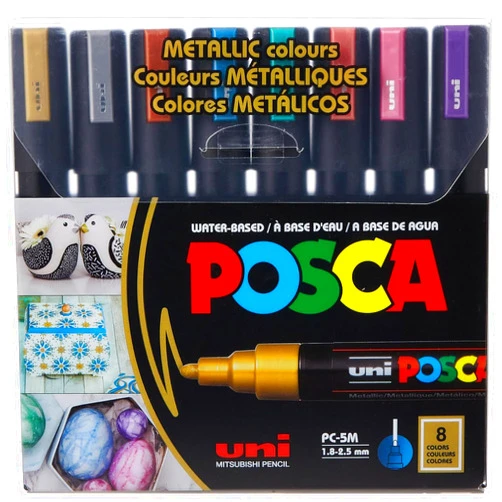 Posca PC-5M Water Based Permanent Marker Paint Pens, Set of 8 (Metallic Colors)