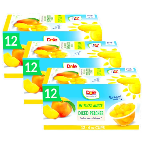 Dole Fruit Bowls Diced Peaches in 100% Juice Snacks, 4oz 12 Total Cups, Gluten & Dairy Free, Bulk Lunch Snacks for Kids & Adults (Pack of 3)