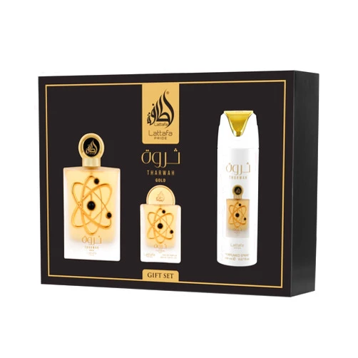 Lattafa Pride Tharwah Gold For Unisex 3 Piece Gift Set (3.4 Fl Oz EDP + 0.65 Fl Oz EDP + 6.67 Fl Oz Deo)