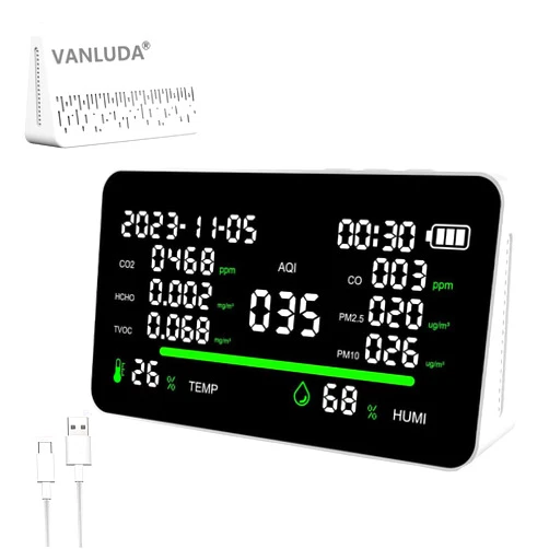 VANLUDA 11-in-1 Indoor Air Quality Monitor,Measures PM2.5/PM10/CO/CO2/HCHO/TVOC,Temperature,Humidity,AQI with Date & Time Display,High-Precision Sensor for Home,Office,and School Air Quality Detector