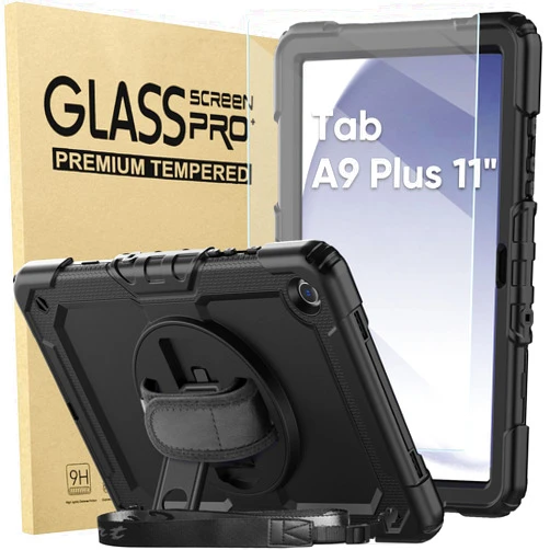 BLOSOMEET Bundle of Case for Samsung Galaxy Tab A9 Plus 11 Inch 2023 with Tempered Glass Screen Protector Pencil Holder,BLOSOMEET Galaxy A9+ Plus Tablet Case with Shoulder Strap Hand Strap&Stand,Black