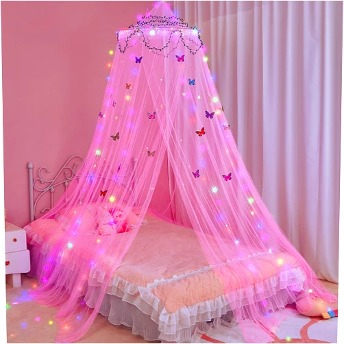 FIOBEE Bed Canopy for Girls Room Bed Canopy Curtains with Led Lights Mosquito Net DIY Princess Room Décor with Stars Butterflies for Kids Bedroom, Hot Pink