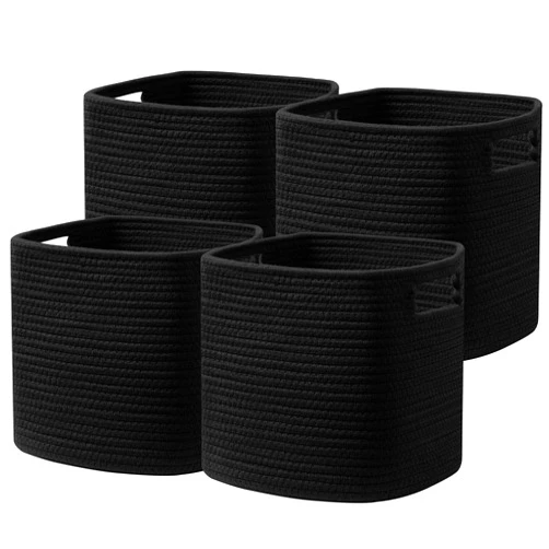 UBBCARE Set of 4 Storage Basket-11 X 10.5 X 10.5 in, Cotton Rope Basket for Shelves, Toys, Book, Cube Storage Bins with Handles, Woven Storage Basket for Organizing, Black