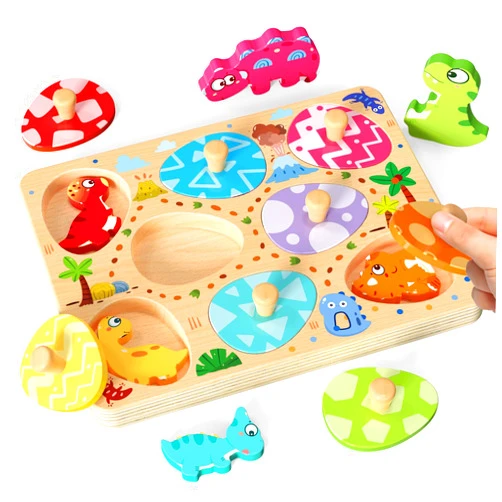 Zeoddler Wooden Puzzles for Toddlers, 8 Pcs Dinosaur Matching Egg Puzzle, Montessori Toys for Boy Girl Easter Birthday Gifts, Preschool Learning Activities & Educational Toys for Boys, Girls