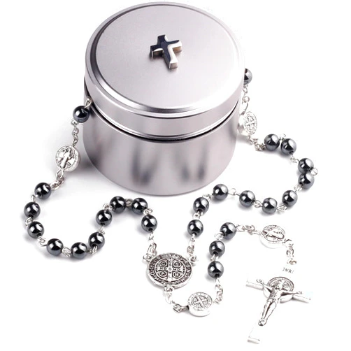 HanlinCC 6mm Hematite Stone Black Beads Saint Benedict Catholic Rosary Necklace with Titanium Metal Cross Gift Box for Men Women
