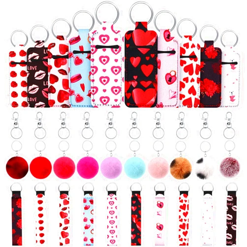Junkin 40 Pcs Lipstick Holder Keychain Lip Holder Keychain Clip on Lipstick Pouch Fluffy Ball Keychain with Keyring