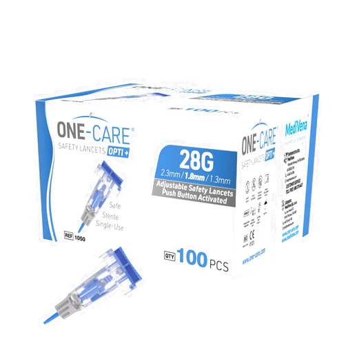 ONE-CARE OPTI+ Adjustable Safety Lancets, 28G x 3 Depth Settings (1.3 I 1.8 I 2.3mm), Sterile, 100/bx
