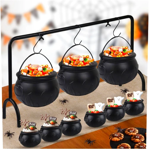 Zimati Cauldron Halloween Decor - 9 PCS Large and Mini Plastic Hanging Cauldrons Serving Set - Spooky Black Witches Cauldron Desserts Candy Serving Bowls for Table Home Indoor Hocus Pocus Party Decorations