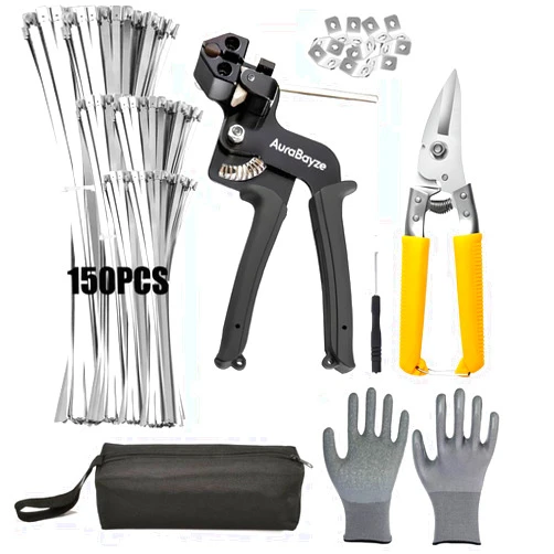 AuraBayze Heavy Duty Metal Zip Tie Tool Kit with 150pcs Self-locking Stainless Steel Zip Ties, Metal Tie Wrap Gun Kit for Chain Link Fence ties,Stainless Steel Cable Tie Gun for Fastening Cutting