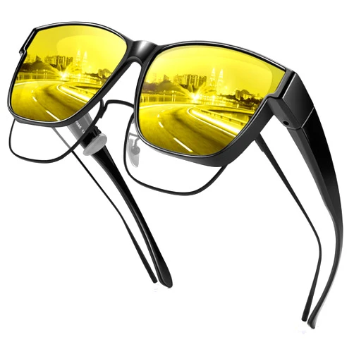 URUMQI Night Vision Glasses Fit Over Glasses for Men Women, Anti Glare Polarized Nighttime Driving Glasses Yellow Lens