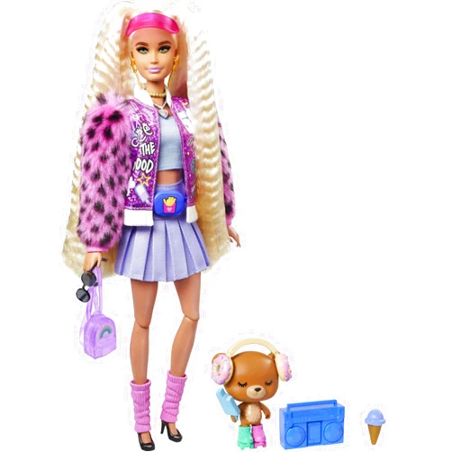 Barbie Extra Doll & Accessories with Extra-Long Crimped Pigtails in Pink Sparkly Varsity Jacket with Pet Teddy Bear