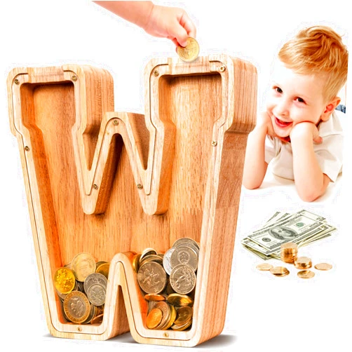 SummiDate Wooden Letter Piggy Bank| Piggy Bank for Boys Girls Toddler| Alphabet W Money Bank| Coin Bank Birthday Gift for Kids|2024 Graduation Money Box (W)