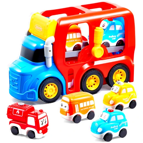 Vroomix Jova Toddler Truck Toys for Age 2-4, Carrier Transport Trucks for Kids 2 3 4 5 Year Old Boy, 4 Pack Car Toys Including School Bus, Taxi, Fire Engine and Police Car, Christmas Birthday Gift