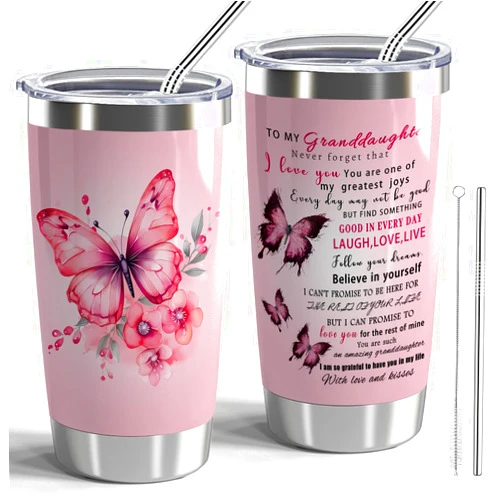 CWEGSJ To My Granddaughter Gift Granddaughter Gifts Tumbler from Grandma Butterfly 20oz Stainless Steel Tumbler with Lid and Straw Birthday Gifts (Pink Butterfly-Granddaughter)