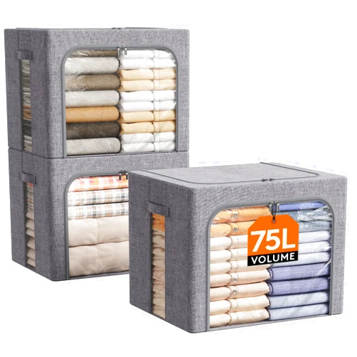 Lifewit Clothes Storage Bins with Metal Frame, Stackable Storage Box, Foldable Clothing Storage Bins with Lids, 75L Storage Bags Fabric Box Organizer with Clear Window＆ Zippers＆ Sturdy Handles 3 Pack