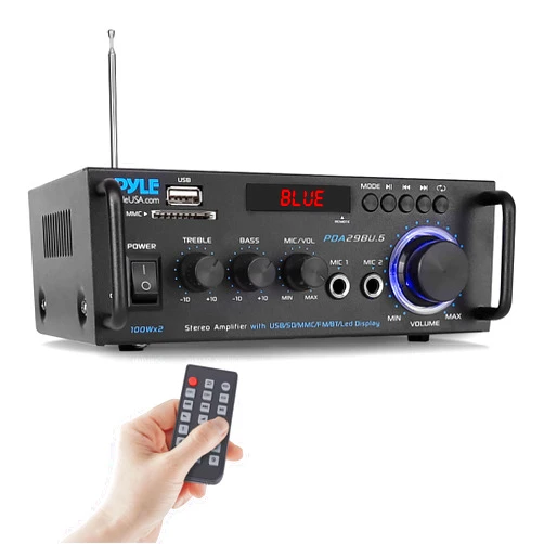 Pyle Wireless Bluetooth Stereo Power Amplifier - 200W Dual Channel Sound Audio Stereo Receiver System w/RCA, USB, SD, MIC in, FM Radio, for Home Theater Entertainment via RCA, Studio Use - Pyle PDA29BU