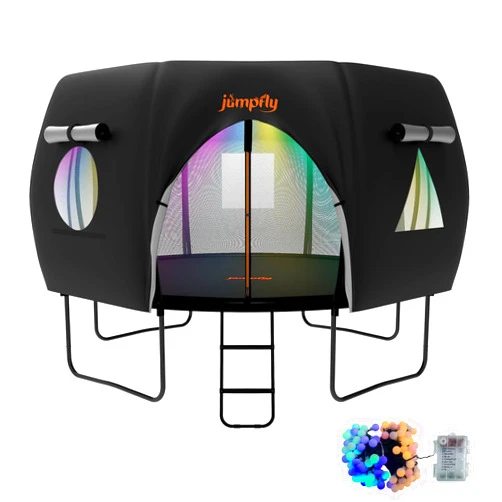 jumpfly Trampoline Tent for 10/14 FT 8/6 Curved Pole Round Trampoline, Trampoline Tent with LED Light, Outdoor Trampoline Tents Canopy, Anti-UV Anti-Tear Sun Protection, Black/Sand (Tent Only)