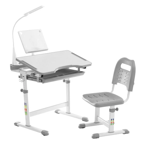 Diroan Kids Functional Desk and Chair Set, Ergonomic Height Adjustable Children School Study Desk with Tilt Desktop, Book Stand, LED Light, Metal Hook and Storage Drawer for Boys Girls(Grey)