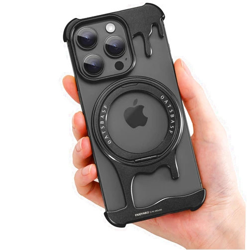 SAMORINO Metal Frameless Bumper Case for iPhone 15 Pro Max Case, with Kickstand 360° Rotatable Magnetic Stand, Minimalist Aluminum Bumper Protective, Bezel Less Slim Shockproof + Easy Fit, Black