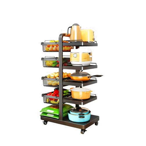 GAWIHU Pot and Pan Organizer Rack with Wheels - 5 Tier Multilayer Rolling Double-Sided Floor Adjustable Pot Rack for Home Kitchen - Includes 4 Adjustable Shelves and 4 Hanging Baskets