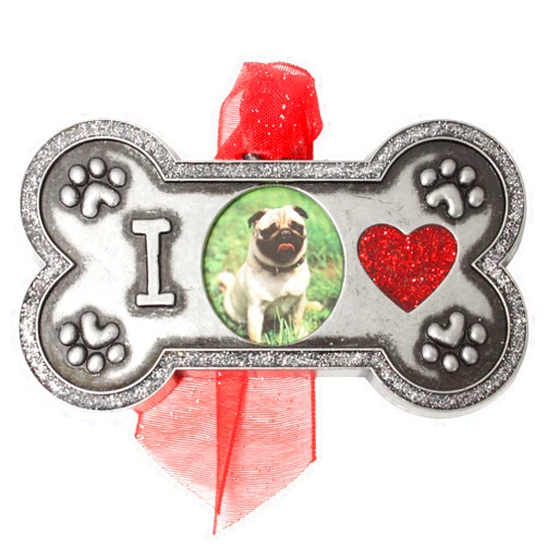 Gloria Duchin Pewter Dog Bone Pet Photo Christmas Ornament, Green