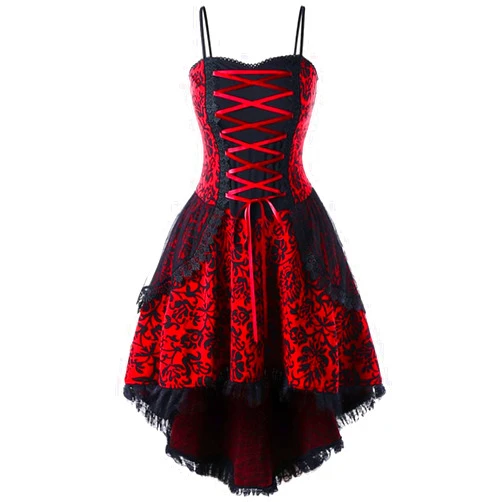 Tuduoms Halloween Cosplay Costumes Women's Sleeveless Gothic Fairy Skull Print Lace Party Dress Spaghetti Strap Camisole Punk Hippie Dresses Medieval Renaissance Victorian Lolita Dress Goth Clothes