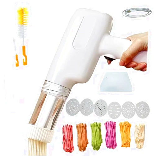 Aptovpvp Handheld Electric Pasta Maker, 6-in-1 Cordless Pasta Machine, Portable Noodle Maker with Moulds and Cutter, Automatic Dough Press,Homemade Ramen Spaghetti Maker Machine-with Cleaning Brush