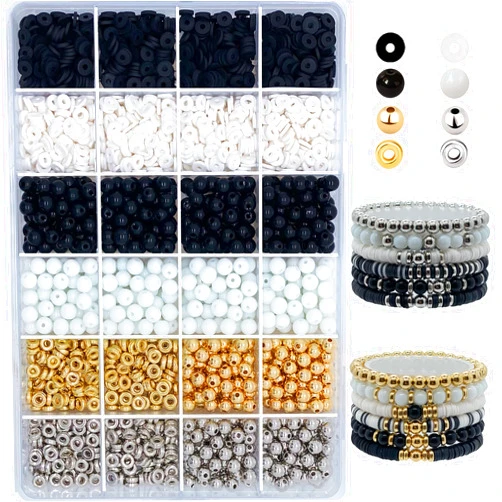 Hiadscine 2420PCS Black Clay Beads for Bracelets Making Kit 6mm Black White Clay Bead Gold Silver Spacer Beads Heishi Beads Flat Polymer Beads Frendship Bracelet Beads Kit for Adults(Clay & Glass Beads)