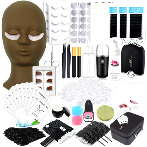 QUKLOGEN Lash Extension Kit Eyelash Practice for Beginners Professional Set with Mannequin Head Removable Eyelids USB Fan Spraye Individual False Lash Eyelash Strips Shampoo Brush Supplies Storage box