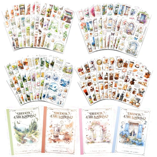 HIKIMA Scenery Sticker Set (600+ Pieces, 80 Sheets), 4 Pack Sticker Books Nature Forest, Garden Houses, Blooming Windows, Coffee Shop Transparent PET Stickers for Scrapbook Bullet Junk Journals Planner