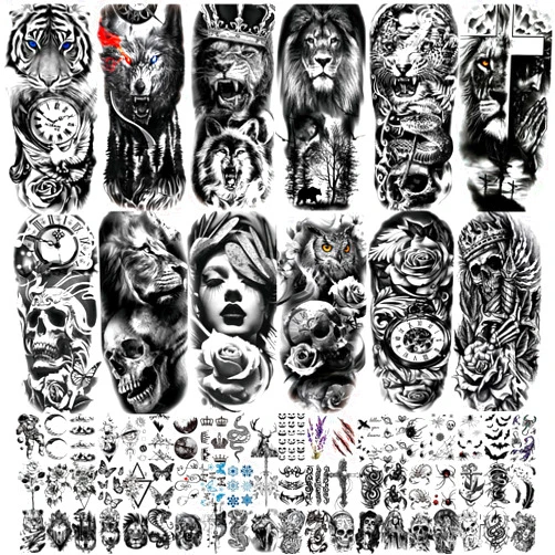 JEEFONNA 72 Sheets Temporary Tattoo for Men Women Adults, Include 12 Sheets Large Black 3D Half Sleeve Temporary Tattoos, Halloween Tattoos Scary Lion Wolf Tiger Skull Skeleton Tattoos Stickers