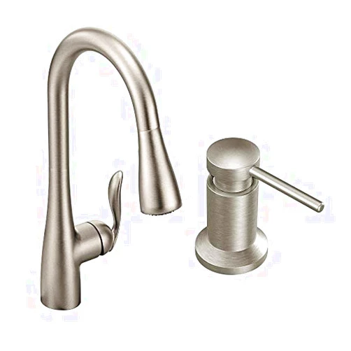 Moen 7594SRS Arbor One-Handle Pulldown Kitchen Faucet Featuring Power Boost and Reflex, Spot Resist Stainless AND Deck Mounted Kitchen Soap Dispenser with Above the Sink Refillable Bottle