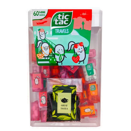 GREAT TASTEA Tic Tacs Travels mini packs - individual packets - Flavoured drops - mint - orange - strawberry sweet - strawberry sour - Spender Box with 60 Mini Boxes - bulk candy - mini Tic Tacs with GREAT TASTEA