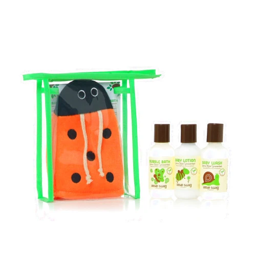 Little Twig All Natural, Hypoallergenic, Extra Mild Baby Travel Basics 4 Piece Gift Set with Ladybug Bath Mitt for Sensitive Skin, Unscented, 2 Ounce Bottles