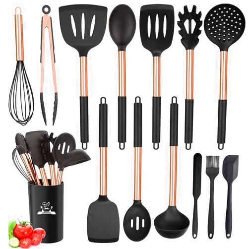 CHAREADA Silicone Cooking Utensil Set, 14pcs Kitchen Utensils Set Non-stick Heat Resistant Cookware Copper Stainless Steel Handle Cooking Tools Turner Tongs Spatula Spoon - BPA Free, Non Toxic