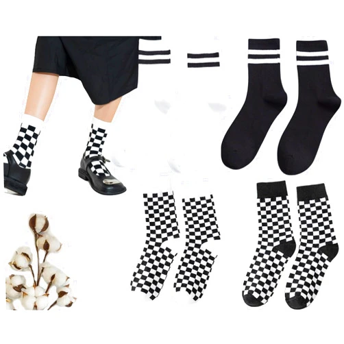 CHUNFO Womens Crew Socks Plaid Striped Casual Running Athletic White Grey Brown Checkerboard Crew Socks Size5-9