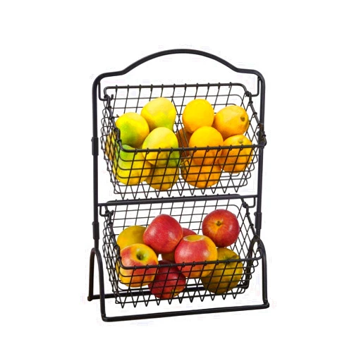 Gourmet Basics by Mikasa Mikasa Gourmet Basics Grid 2-Tier Fruit and Vegetable Storage Cart, Handcrafted Carbon Steel Basket, 17.25-Inch Open-Wire Basket Storage for Produce - Kitchen, Countertop, Pantry Basket