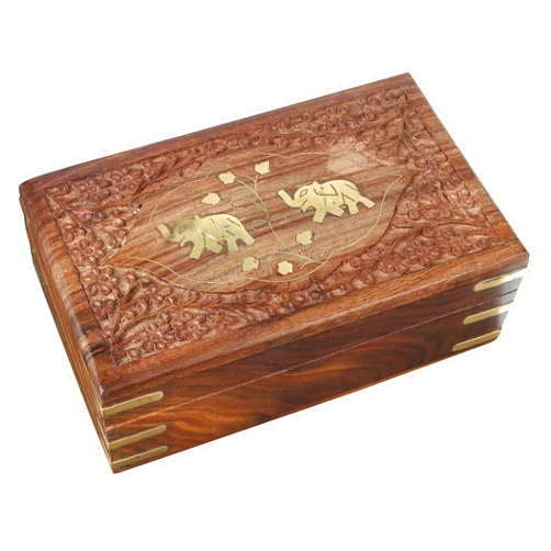 Crocon Handmade Wooden Keepsake Box – Elephant Engraved Decorative Storage with Brass Inlay – Jewelry Organizer, Memory Box for Trinkets, Cards, Collectibles & Gifts