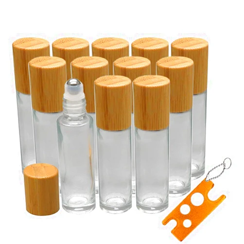 CREATIEE-PRO 12Pcs 10ml Glass Roll On Bottle with Bamboo Lid for Essential Oils, Creatiee Eco-friendly Refillable Clear Perfume Sample Bottles with Stainless Steel Roller Ball - Portable & Practical…