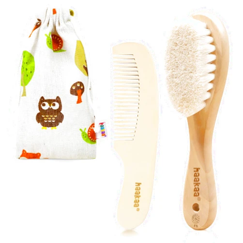 haakaa Baby Hair Brush and Comb Set for Newborns & Toddlers - Natural Soft Goat Bristles and Wooden Handle, Gently Grooms Baby's Hair, Ideal for Cradle Cap, Perfect Baby Gift, 2pk
