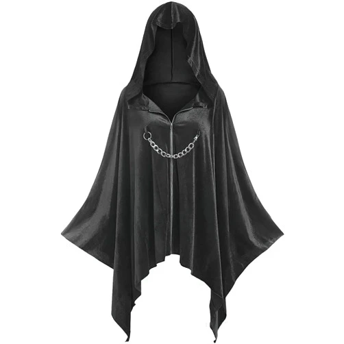 Brnmyaeo Gothic Witches Hooded Cloak Zip Up Short Velvet Cape Irregular Hem Trench Outwear Hobbit Halloween Cosplay Costumes