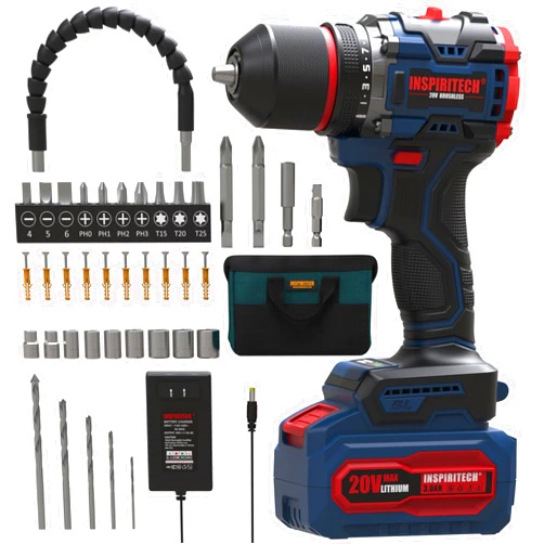 INSPIRITECH 20V Cordless Drill Set, Brushless Power Drill Set with 3.0Ah Battery and Charger,3/8-Inch Metal Chuck Electric Drill Driver,22 Torque Setting,Drill/Driver Bits and Tool Bag Included…