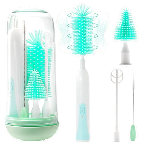 Sparkleing Electric Bottle Brush Cleaner, Rechargable Electric Baby Bottle Brush for Travel, Waterproof Electric Bottle Cleaner Set with Nipple & Straw Brush, Perfect Essentials Gift for Mom After Birth, Green