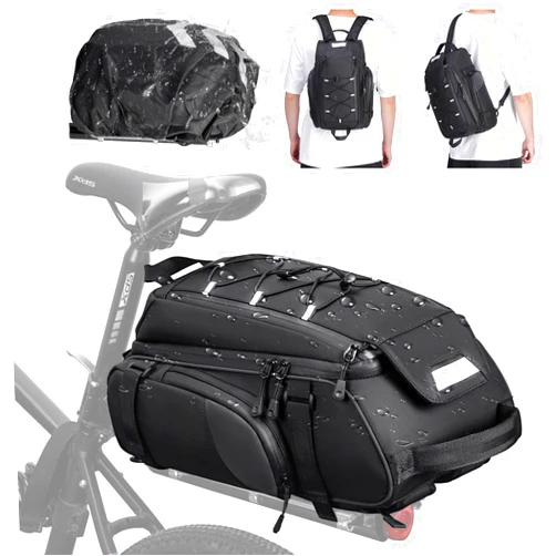RAINSMORE Bike Bags for Bicycle Rear Rack 15L Waterproof Bike Ebike Trunk Pannier Saddle Bag with Rain Cover Bike Accessories Backpack Shoulder Bag for Commuter Travel Outdoor, Black